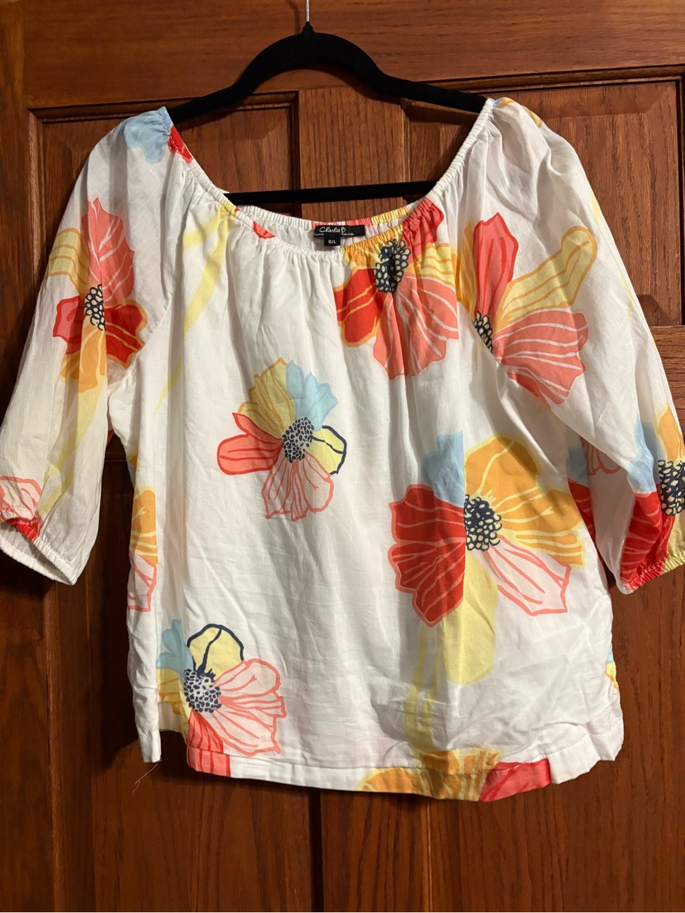 CHARLIE B White Floral Peasant Top with Coral, Yellow & Light Blue Blooms